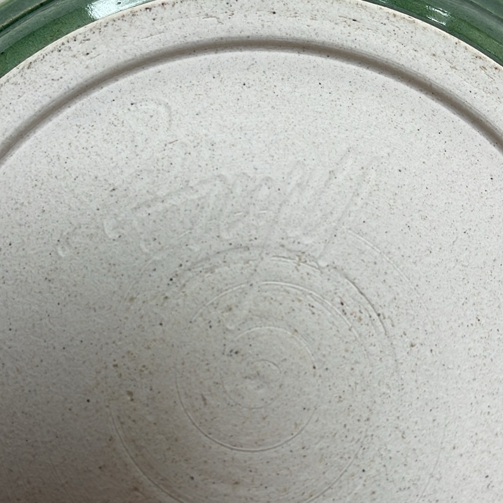 Pottery bowl with spout/handle & saucer. Blues and greens glazed Makers mark - Picture 8 of 10